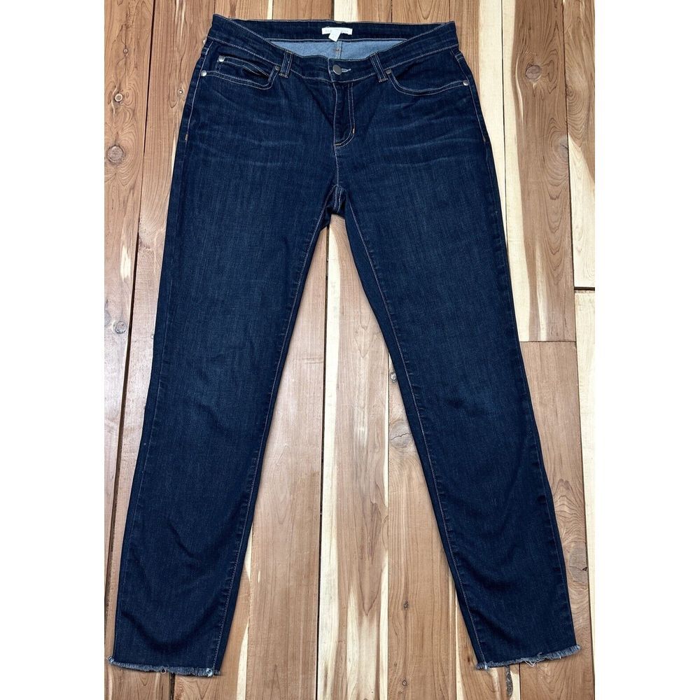 Eileen Fisher Size 6 Organic Cotton Blend Dark Wash Straight Leg Jeans Raw Hem